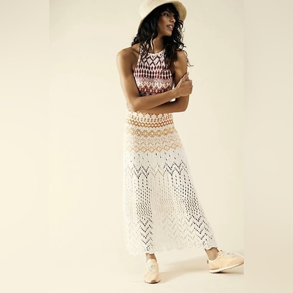 NWOT Free People Ikat Oasis Maxi Dress Halter Crochet Print Knit Backless Ivory - Picture 4 of 12